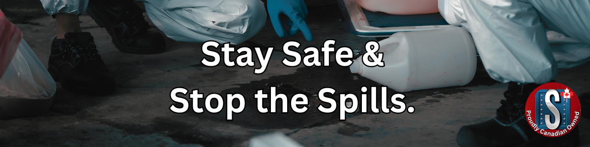 Workers in protective coveralls and gloves cleaning up a chemical spill on a concrete floor, with the text "Stay Safe & Stop the Spills" overlayed, representing Skookum Tools' spill containment and storage solutions for industrial and environmental safety.